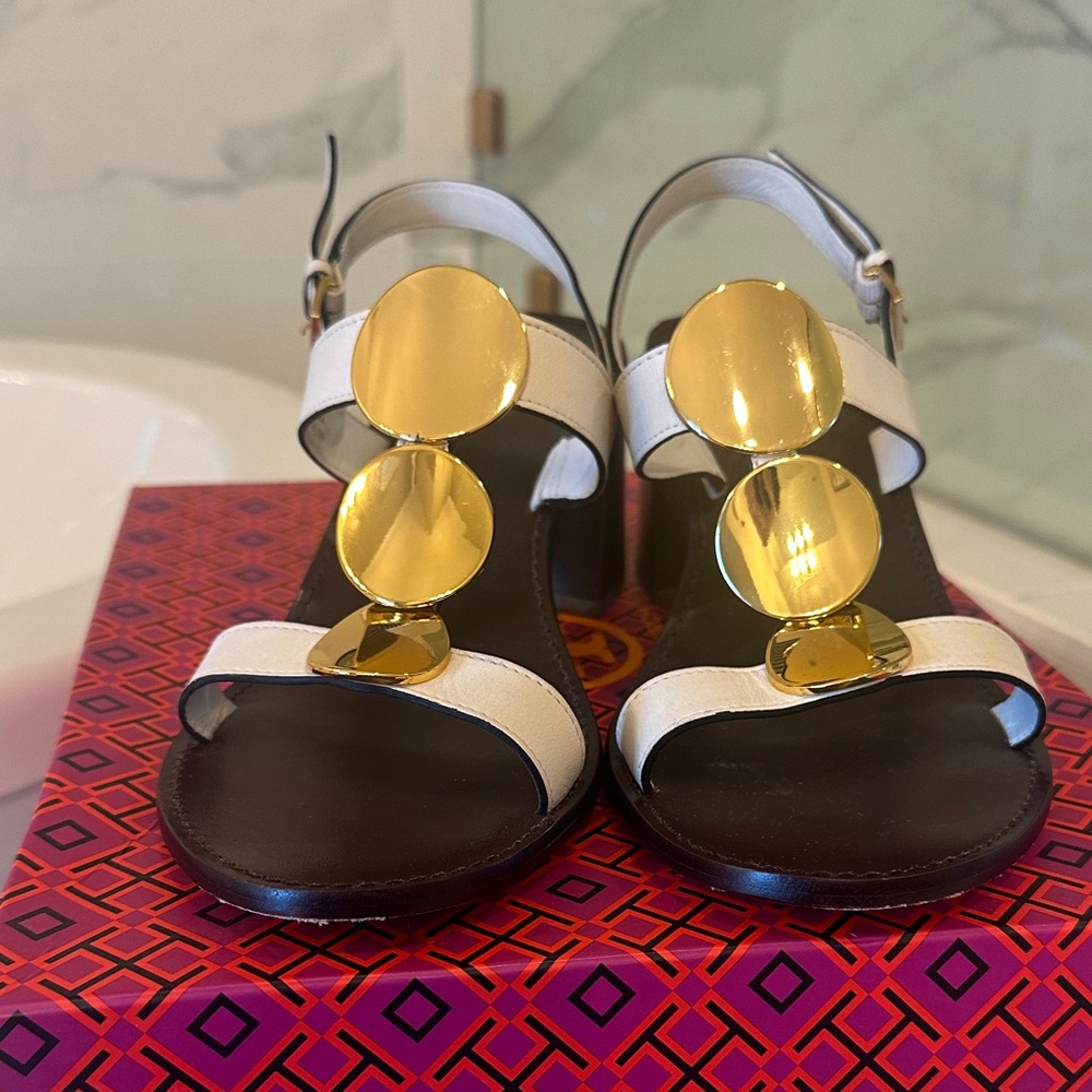 Tory Burch White and Gold Sandals